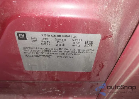 2013 Chevrolet Cruze Eco Manual из США, поврежденный, VIN 1G1PJ5SB2D7154657